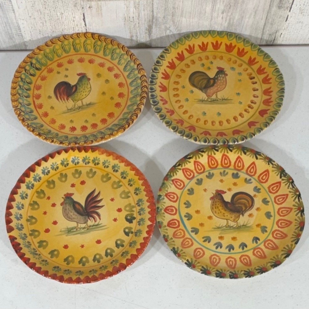 Horchow Salad Plates Yellow Italian Rooster Hand Painted Set of 4 Farm Tuscan